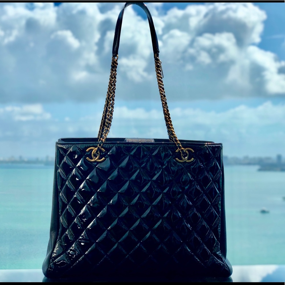CHANEL Black Patent Leather Shopping Tote with Brass Hardware (Limited Edition)